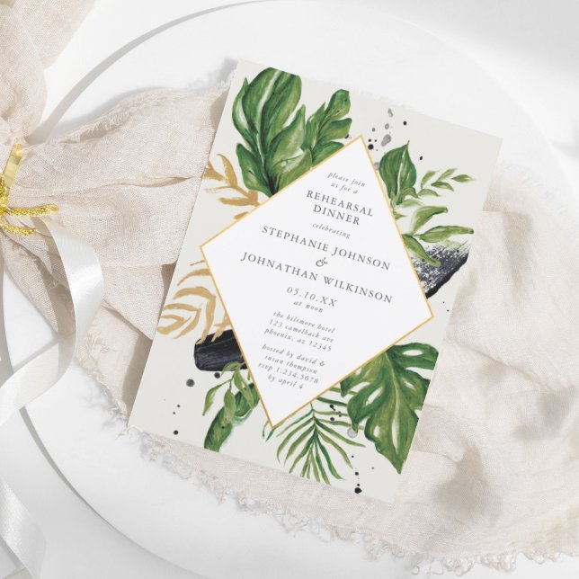 Convite Ensaio de Casamento Tropical de Cor de Água Verde  (Green & Gold Watercolor Tropical Wedding Rehearsal Invitation)