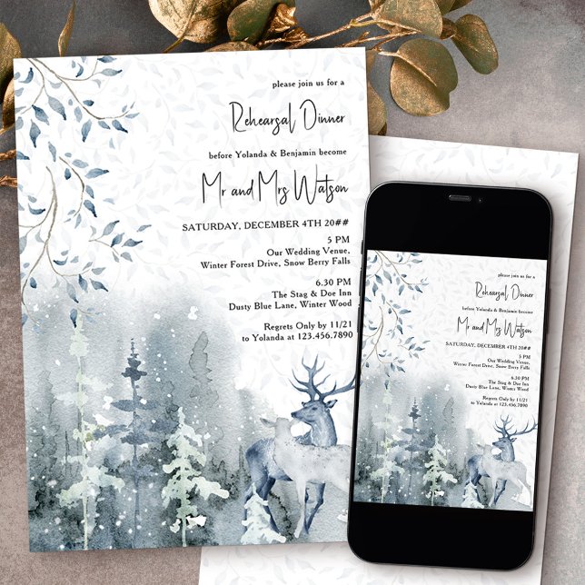 Convite Ensaio de Floresta de Neve e Casamento de Veados d (Wedding Rehearsal Dinner invitation from my Snow Forest Winter Wedding collection)