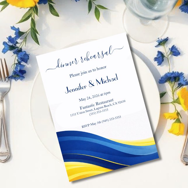 Convite Ensaio de Jantar Azul Cobalto e Amarelo Limão  (Cobalt Blue and Lemon Yellow Dinner Rehearsal  Invitation)