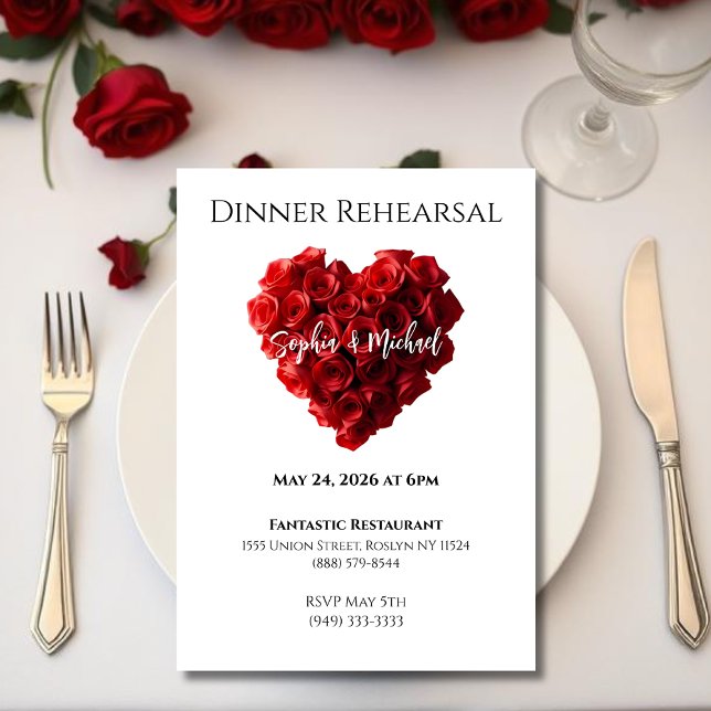 Convite Ensaio de Jantar de Casamento - Rosas Vermelhas em (Wedding Dinner Rehearsal-Heart Shaped Red Roses- Invitation)