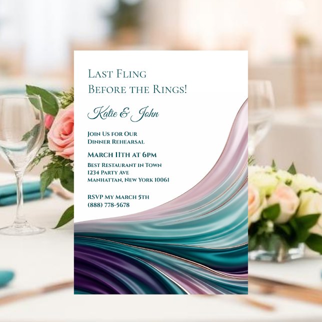 Convite Ensaio de Jantar de Casamento - Seda Moderna em Te (Wedding-Dinner Rehearsal-Modern Teal & Blush Silk Invitation )