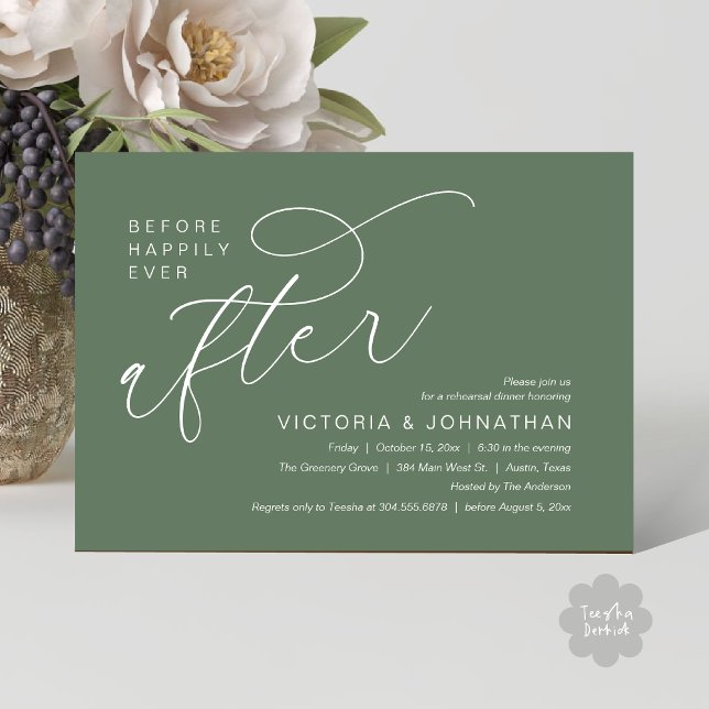 Convite Ensaio de Jantar Moderno Antes do Felizes para Sem (Modern Before Happily Ever After Romantic Rehearsal Dinner Invites Card PDF Aesthetic Sage Green)