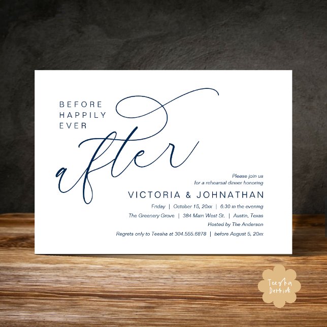 Convite Ensaio de Jantar Moderno Antes do Felizes para Sem (Modern Before Happily Ever After Romantic Rehearsal Dinner Invites Card PDF Aesthetic navy Blue)