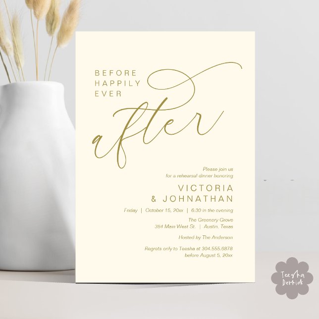 Convite Ensaio de Jantar Moderno Antes do Felizes para Sem (Modern Before Happily Ever After Romantic Rehearsal Dinner Invites Card PDF Aesthetic Yellow Gold)