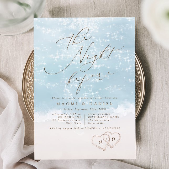 Convite Ensaio de Jantar Moderno com Corações na Areia (Modern Script Sand Hearts Beach Rehearsal Dinner Invitation)
