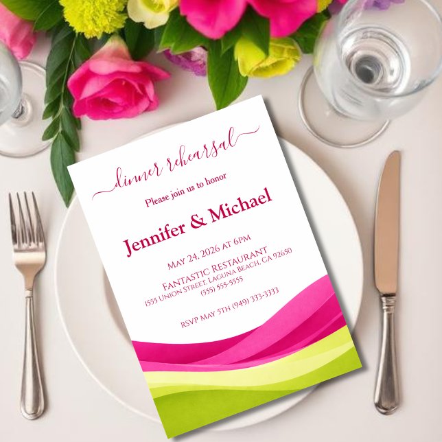 Convite Ensaio de Jantar Rosa Fúcsia e Verde Lima  (Fuchsia and Lime Green Dinner Rehearsal  Invitation )