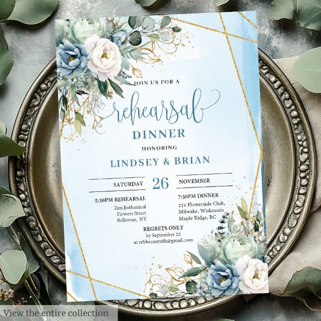 Convite Ensaio de quadro Dourado Clássico com Molerza Azul (Classic Dusty Blue Greenery Gold Frame Rehearsal Invite)