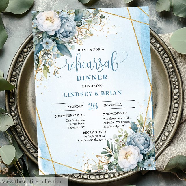 Convite Ensaio Dourado Elegante Boho Dusty Eucalyptus Azul (Elegant Dusty Blue Eucalyptus Gold Rehearsal Invite)