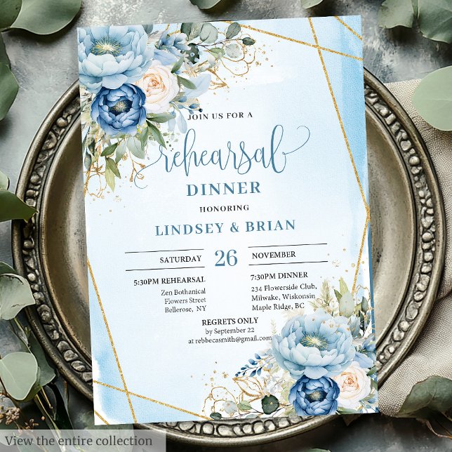 Convite Ensaio Dourado Floral Elegante Boho Dusty (Elegant Dusty Blue Floral Gold Rehearsal Invitation)