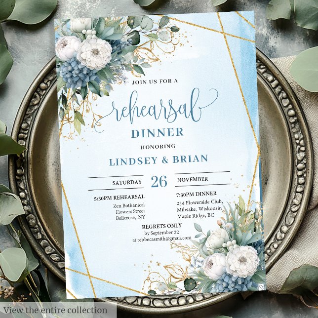 Convite Ensaio Dourado Rústico sobre o Moleiro Azul Verde  (Rustic Chic Dusty Blue Greenery Gold Rehearsal Invite)