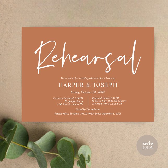 Convite Ensaio e Janta de casamento modernos, ferrugem de  (Wedding Rehearsal and Dinner Invitation Card, PDF, Modern Minimalist Elegant, in Copper Rust)