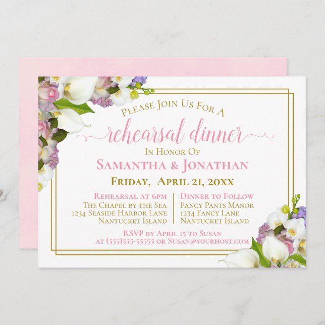 Convite Ensaio e Janta de Casamento Rosa-Floral primavera (Frente/Verso)