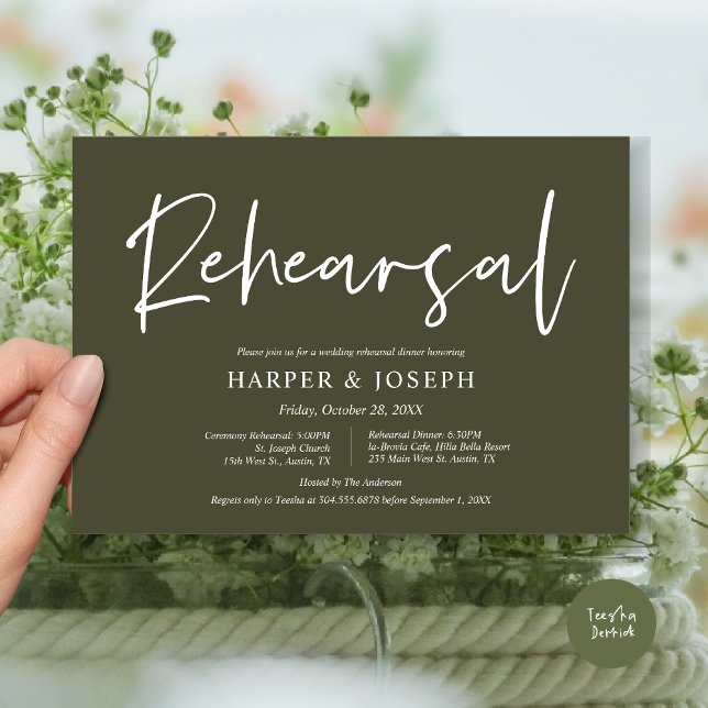 Convite Ensaio e Janta do Casamento Moderno, Olive Green (Wedding Rehearsal and Dinner Invitation Card, PDF, Modern Minimalist Elegant, in Olive Green)