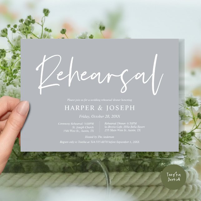 Convite Ensaio e Janto de Casamento Moderno, Cinza Chill (Wedding Rehearsal and Dinner Invitation Card, PDF, Modern Minimalist Elegant, in Chill Grey)