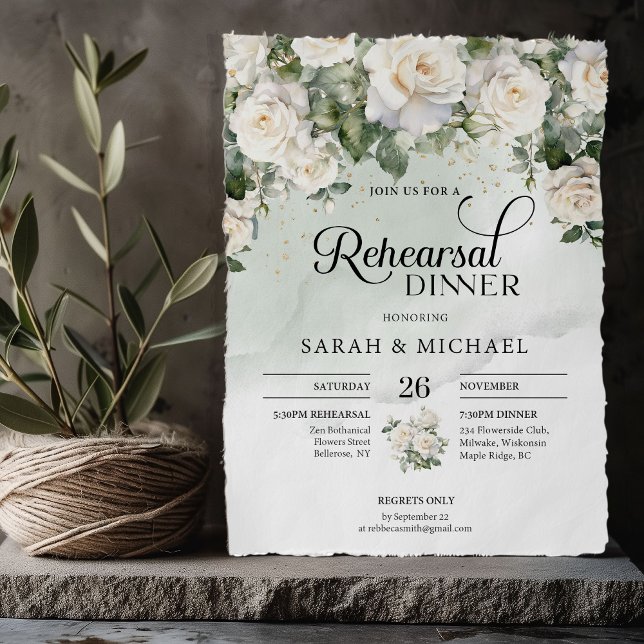 Convite Ensaio elegante de rosas brancas e de ouro (Bohemian White Roses and Eucalyptus Greenery and gold wedding rehearsal dinner invitation)