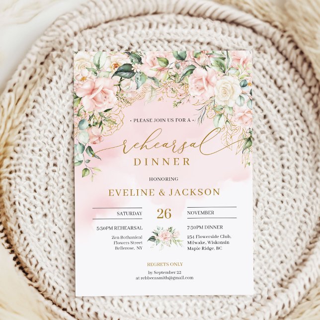 Convite Ensaio elegante de rosas de borda esmagada de ouro (Delicate soft pastel pink roses rehearsal dinner invitation digital )