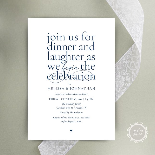 Convite Ensaio Elegante Jantar de Amor & Riso Minimal (Modern Elegant Rehearsal Dinner Love & Laughter Celebration begins Invites Card in Navy blue)