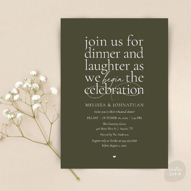 Convite Ensaio Elegante para Jantar de Amor & Riso Minimal (Modern Elegant Rehearsal Dinner Love & Laughter Celebration begins Invites Card in Olive Green)