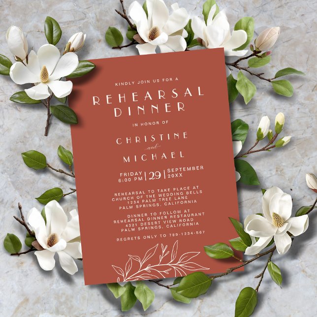 Convite Ensaio Formal De Casamento De Elegantes Florais Te (Terracotta Floral Elegant Formal Wedding Rehearsal Dinner Invitation with Magnolia Leaves Line Art.)