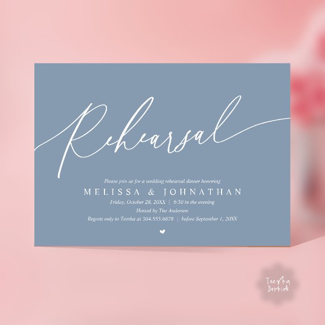 Convite Ensaio Moderno Romântico Jantar de Casamento Dança (Modern Romantic Rehearsal Wedding Dinner Dancing Invitation Card in Dusty Blue)
