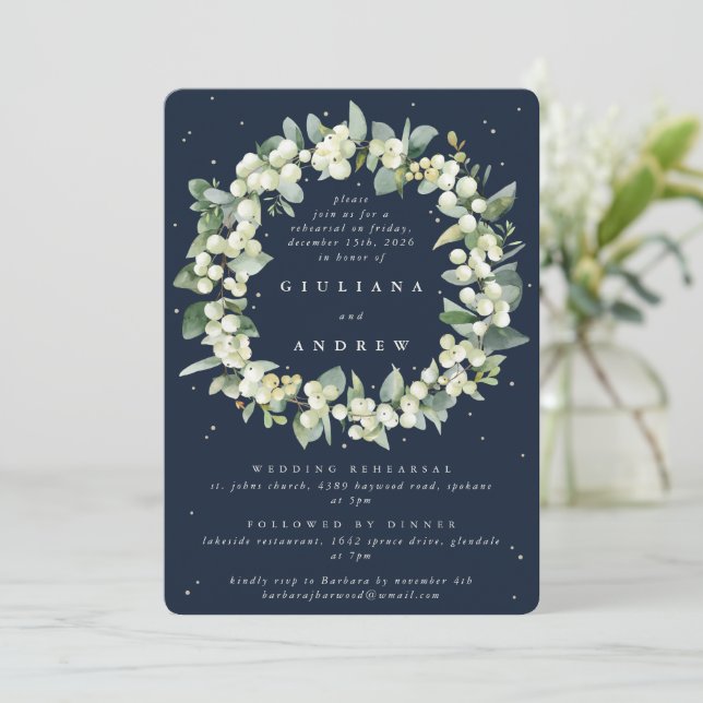 Convite Ensaios de Casamento Dark Navy Snowberry+Eucalipto (Em pé/Frente)