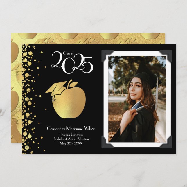 Convite Ensino de Professores Dourado Graduação Preto (Frente/Verso)