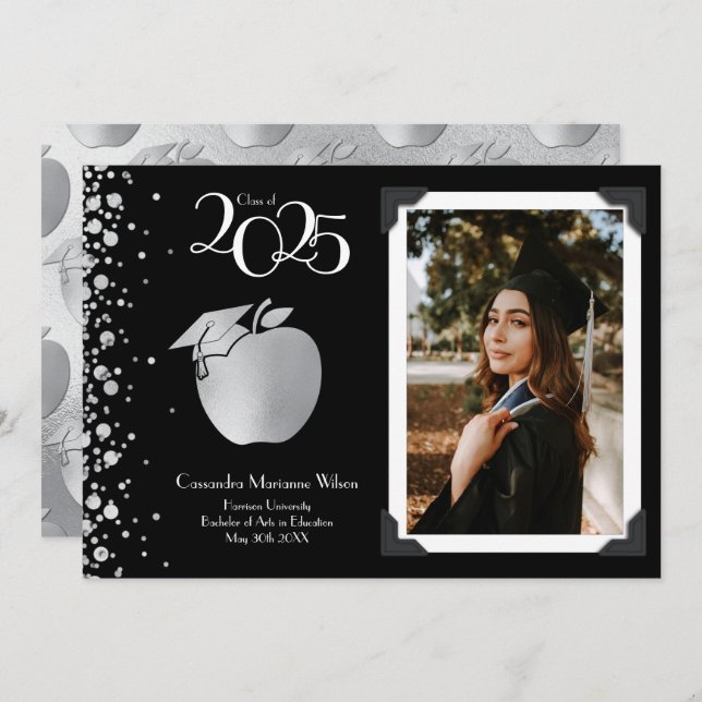 Convite Ensino de Professores Graduação em Prata Preto (Frente/Verso)