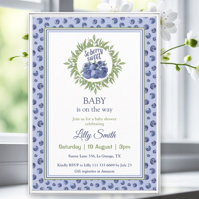 Convite Então Berry Sweet Chá de fraldas Blueberry Blue Pa (So Berry Sweet Baby Shower Blueberry Blue Pattern Invitation)