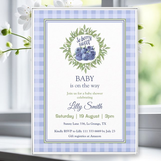 Convite Então Berry Sweet Chá de fraldas Blueberry Xadrez  (So Berry Sweet Baby Shower Blueberry Blue Plaid Invitation)