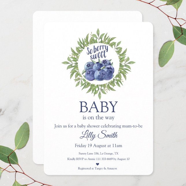 Convite Então Chá de fraldas de morango Chamando mirtilos (Blueberry elegant and simple baby shower invitation)