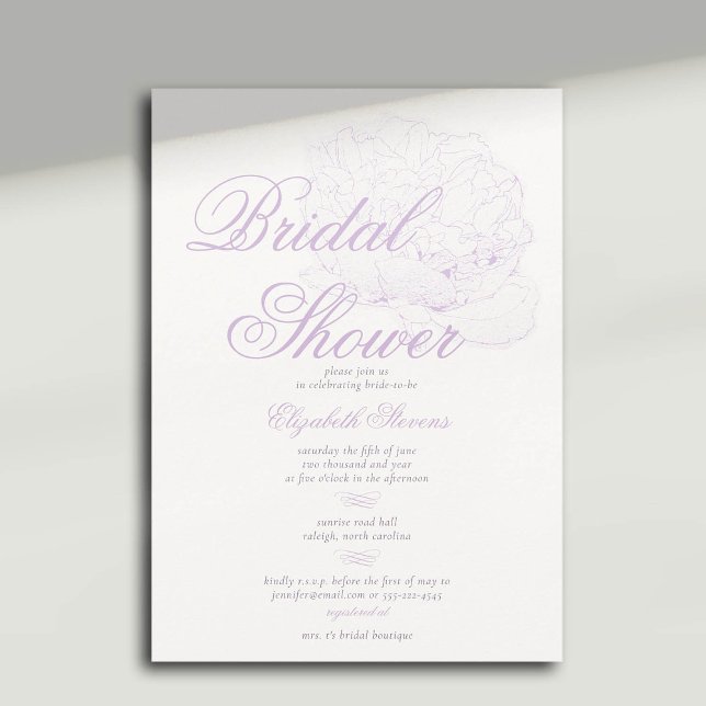 Convite Então, Chá de panela Elegante da Caligrafia de Peo (peony bridal shower invitation formal traditional calligraphy modern classic dreamy lilac)