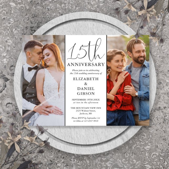 Convite Então E Agora 2 15 Foto Aniversário De Casamento (Then And Now 2 Photo 15th Wedding Anniversary Invitation)