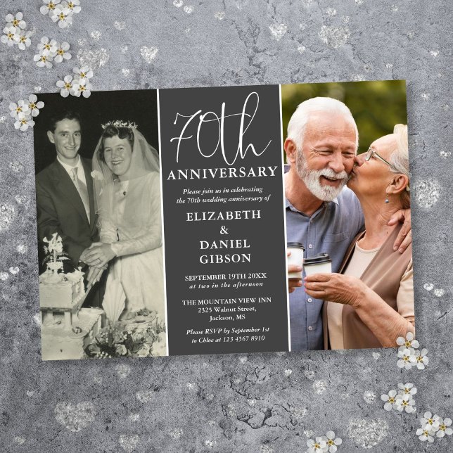 Convite Então E Agora 2 70 Foto Aniversário De Casamento (Then And Now 2 Photo 70th Wedding Anniversary Invitation)