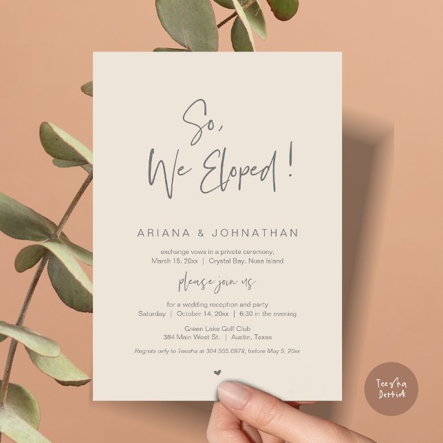 Convite Então, Nós Elogiamos, Elopemento De Casamento, Em  (So, We Eloped, Modern Wedding Elopement Dinner Invitation Card, PDF, in Cream and Grey)