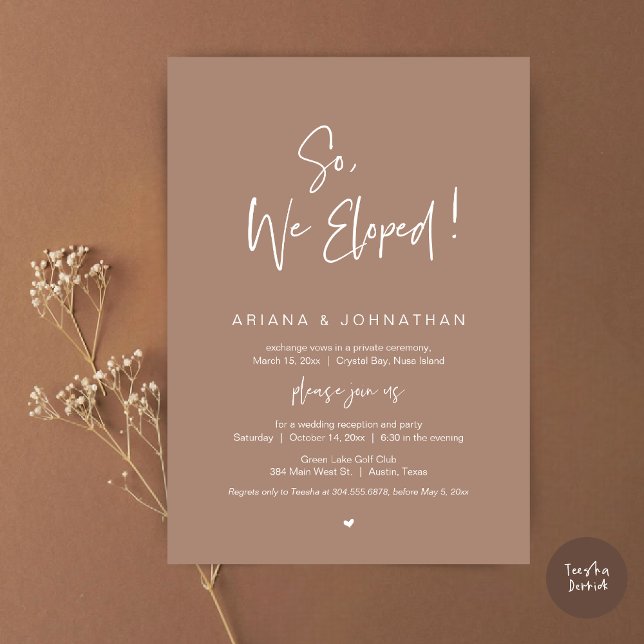 Convite Então, Nós Elogiamos, Janto Moderno de Elopemento  (So, We Eloped, Modern Wedding Elopement Dinner Invitation Card, PDF, in Taupe Earthy)