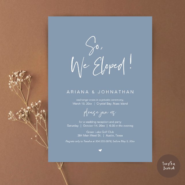 Convite Então, Nós Elogiamos, Janto Moderno de Elopemento  (So, We Eloped, Modern Wedding Elopement Dinner Invitation Card, PDF, in Dusty Blue)