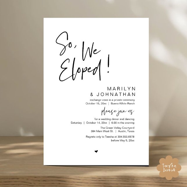 Convite Então, Nós Elogiamos, Janto Moderno de Elopemento  (So, We Eloped, Modern Classy Wedding Elopement Dinner Party Invitation Card PDF Black White)