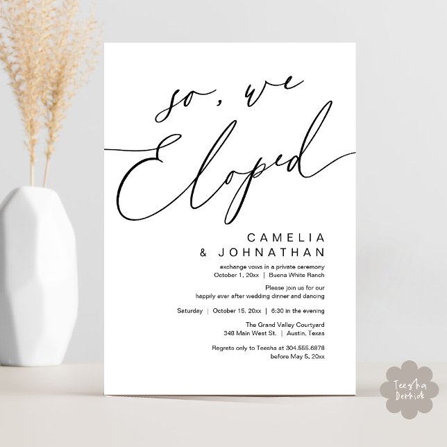 Convite Então, Nós Elogiamos O Partido Jante Romântico Mod (So, We Eloped, Modern Romantic Wedding Dinner Brunch Lunch Party Invitation Card PDF Black White)