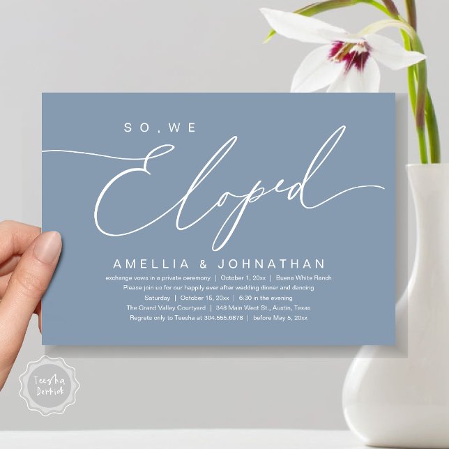 Convite Então, Nós Fugimos, Festa de Casamento Romântico e (So, We Eloped, Modern Romantic Wedding Dinner Brunch Lunch Party Invitation Card PDF Dusty Blue)