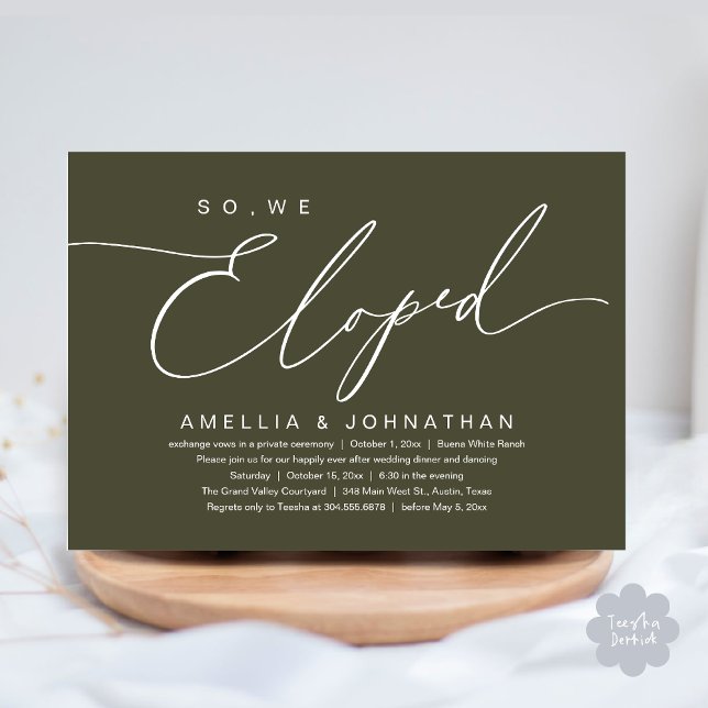 Convite Então, Nós Fugimos, Festa de Casamento Romântico e (So, We Eloped, Modern Romantic Wedding Dinner Brunch Lunch Party Invitation Card PDF Olive Green)