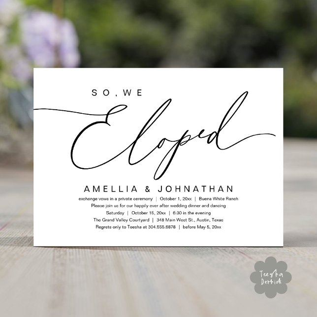Convite Então, Nós Fugimos, Festa de Casamento Romântico e (So, We Eloped, Modern Romantic Wedding Dinner Brunch Lunch Party Invitation Card PDF Black White)