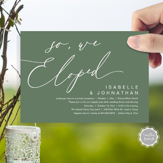 Convite Então, Nós Fugimos, Jantar de Casamento Romântico (So, We Eloped, Modern Romantic Wedding Dinner Brunch Lunch Party Invitation Card PDF Sage Green)