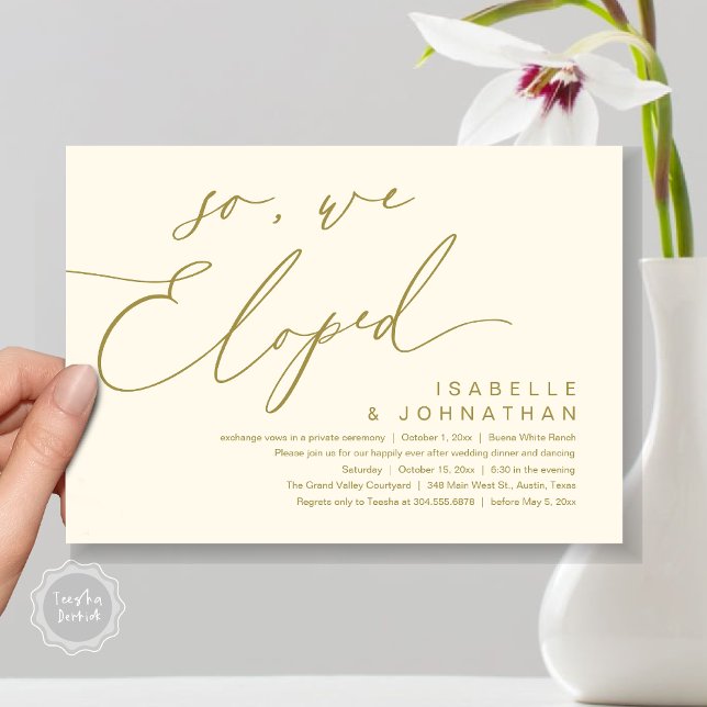 Convite Então, Nós Fugimos, Jantar de Casamento Romântico (So, We Eloped, Modern Romantic Wedding Dinner Brunch Lunch Party Invitation Card PDF Yellow Gold)