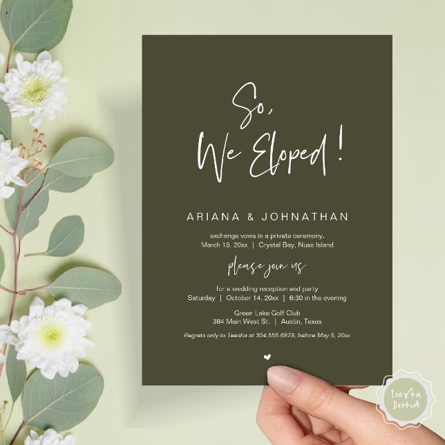 Convite Então, Nós Fugimos, Jantar de Elopamento de Casame (So, We Eloped, Modern Wedding Elopement Dinner Invitation Card, PDF, in Olive Green)