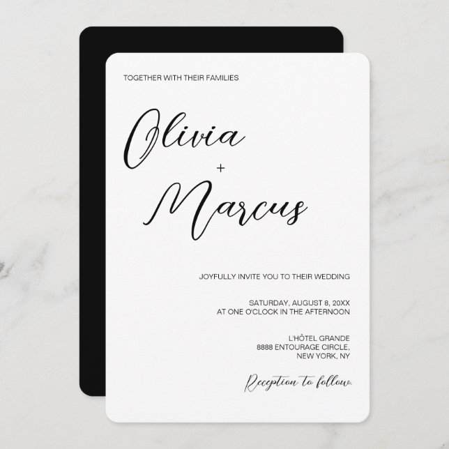 Convite Entourada de Casamento de Script Chic Preto Elegan (Frente/Verso)
