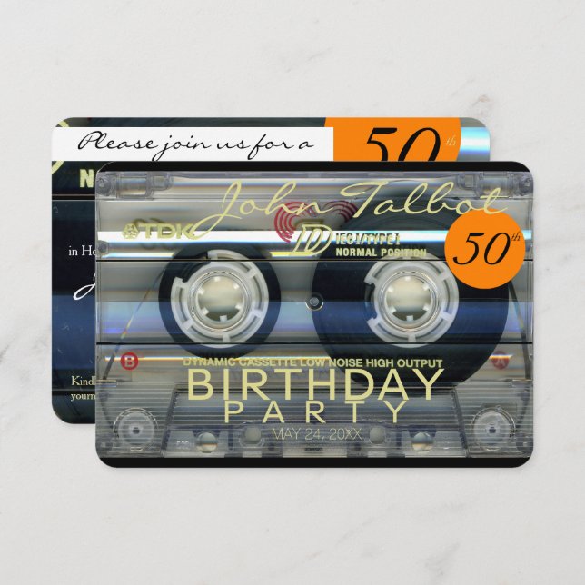 Convite Entrada de festa de aniversário 50ª Fita de Casset (Frente/Verso)
