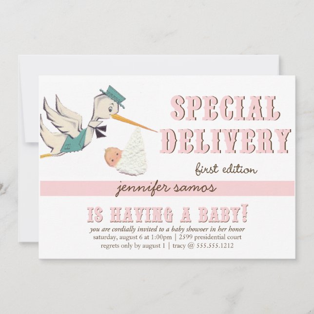 Convite Entrega especial - cegonha do vintage (Frente)