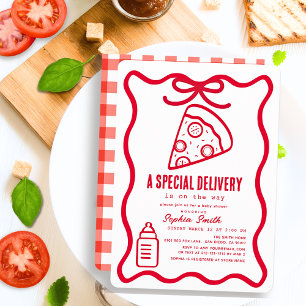 Convite Entrega Especial Vermelho Desenhado à Mão Pizza Ch