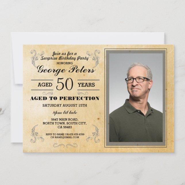 Convite Envelhecido à Perfeição Aniversário Masculino Foto (Frente)