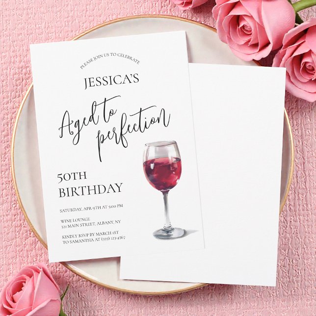 Convite Envelhecido à Perfeição Rótulo de Vinho Festa de 5 (Aged to Perfection Script Wine 50th Birthday Party Invitation)